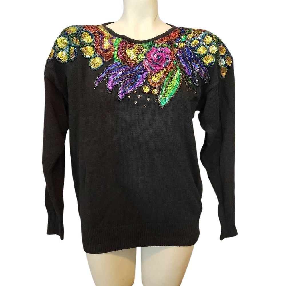 Black Floral Crew Neck Sweater with Embroidered Design